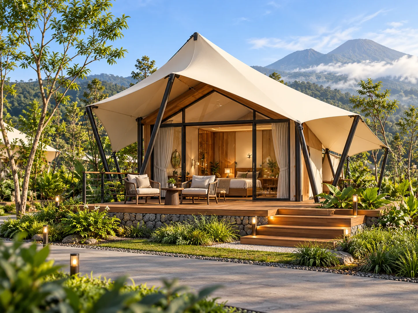 Visualisasi glamping AGHNI dengan teras terbuka menghadap pegunungan